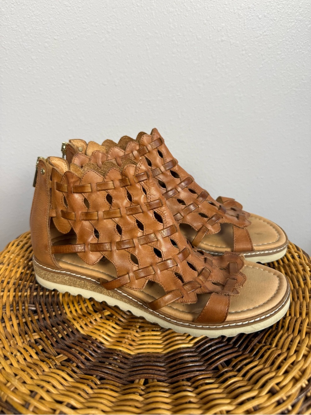 Pikolino’s Tan Woven Leather Ankle Sandals